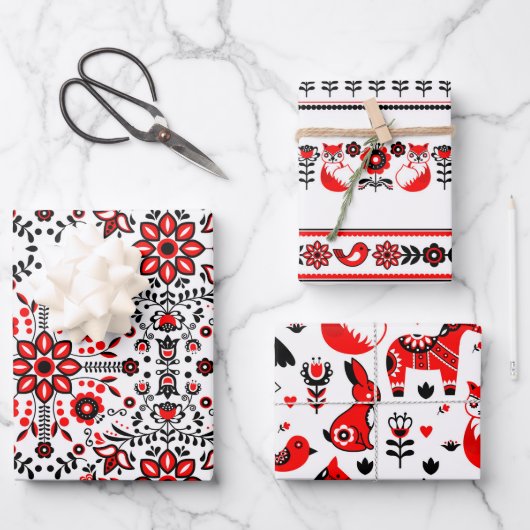 クリスマス北欧スカンジナビアのスウェーデンブラックレッド ラッピングペーパーシート (正面)