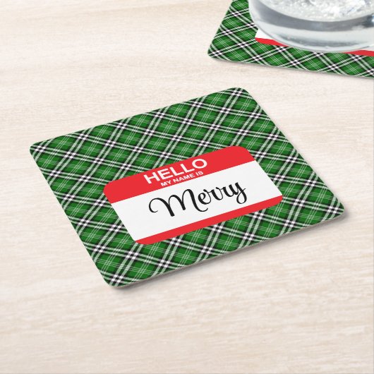 クリスマス名タグメリーグリーンプレイドレッドおもしろい スクエアペーパーコースター (アングル)