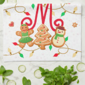 クリスマス名モノグラムカスタムギンガーブレッドレッド キッチンタオル (折り畳み)