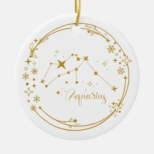 クリスマス名前をカスタムするアクエリアス〔占星術の〕十二宮図スターズ金ゴールド セラミックオーナメント (正面)