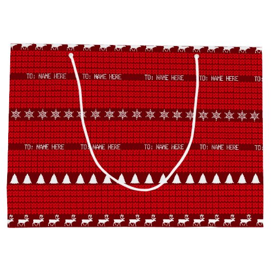 クリスマス名前をカスタムするレッドホワイトニットセーター ラージペーパーバッグ (裏面)