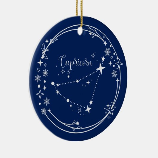 クリスマス名前をカスタムする山羊座〔占星術の〕十二宮図ブルーシルバー セラミックオーナメント (右)