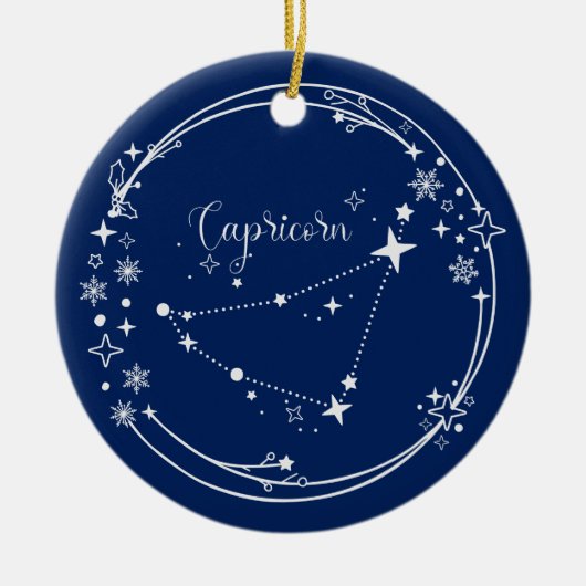 クリスマス名前をカスタムする山羊座〔占星術の〕十二宮図ブルーシルバー セラミックオーナメント (正面)