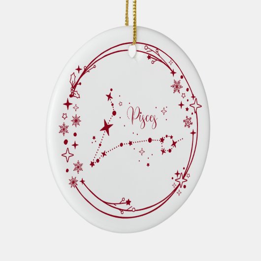 クリスマス名前をカスタムする魚座〔占星術の〕十二宮図サインスターズレッド セラミックオーナメント (右)