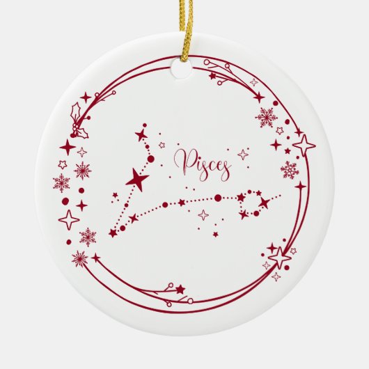 クリスマス名前をカスタムする魚座〔占星術の〕十二宮図サインスターズレッド セラミックオーナメント (正面)