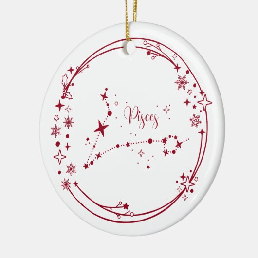 クリスマス名前をカスタムする魚座〔占星術の〕十二宮図サインスターズレッド セラミックオーナメント (左)
