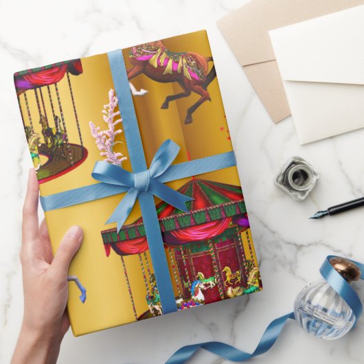 クリスマス回転木馬馬オン金ゴールド ラッピングペーパー (ギフト)