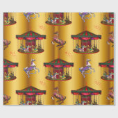 クリスマス回転木馬馬オン金ゴールド ラッピングペーパー (フラット)