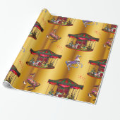 クリスマス回転木馬馬オン金ゴールド ラッピングペーパー (アンロールド)