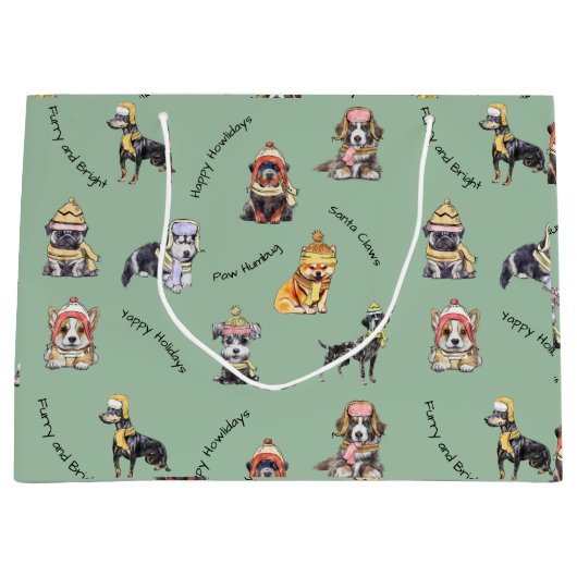 クリスマス図解入りの、写真付きのかわいい犬のパターン休日 ラージペーパーバッグ (正面)