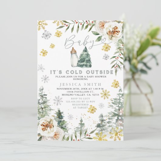 クリスマス外の冷たいフローラベビーシャワー 招待状 (スタンド正面)