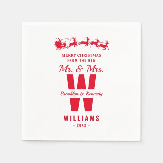 クリスマス夫妻を新婚したホワイトレッド・モノグラム スタンダードカクテルナプキン (正面)
