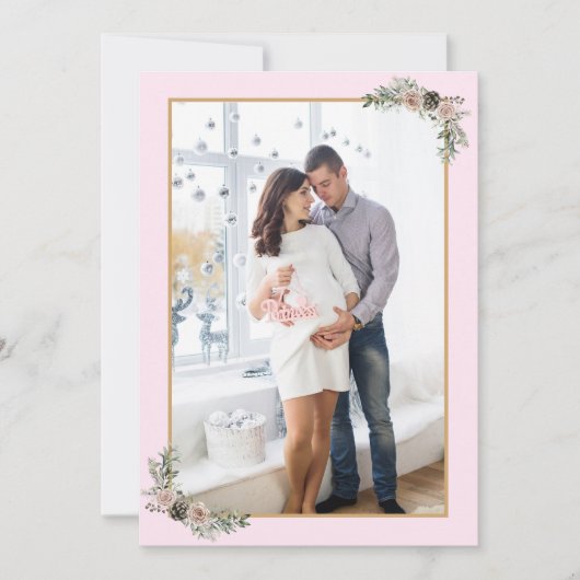 クリスマス妊娠ガールピンクモダンフローラ写真 招待状 (正面)