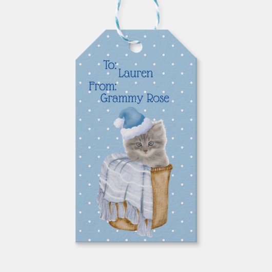 クリスマス子猫とブルーサンタハットギフトラベル ギフトタグ (正面)