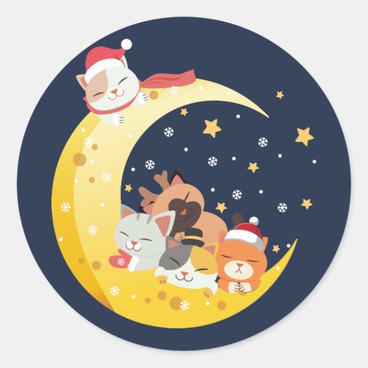 クリスマス子猫ねこムーン宇宙冬の星 ラウンドシール (正面)