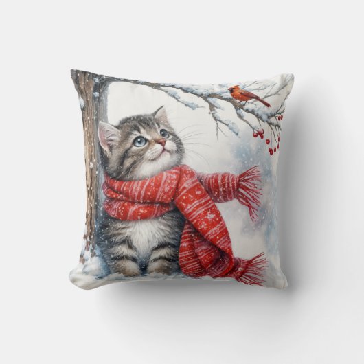 クリスマス子猫ウォッチング(鳥)ショウジョウコウカンチョウ クッション (正面)