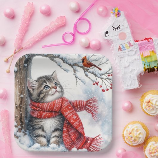 クリスマス子猫ウォッチング(鳥)ショウジョウコウカンチョウ ペーパープレート (パーティー)