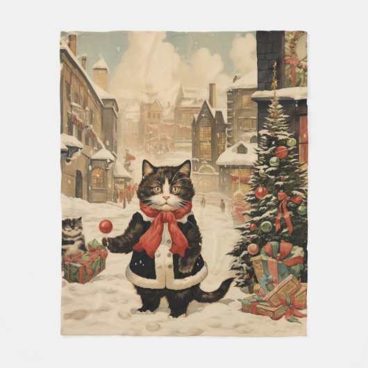 クリスマス子猫雪の日 フリースブランケット (正面)
