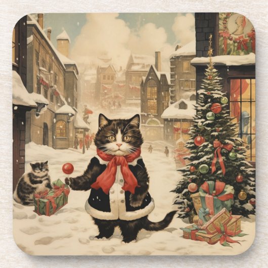 クリスマス子猫、雪の日 コースター (正面)