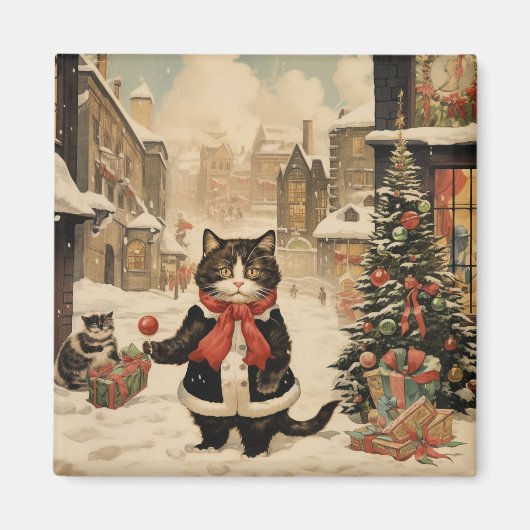 クリスマス子猫、雪の日 マグネット (正面)