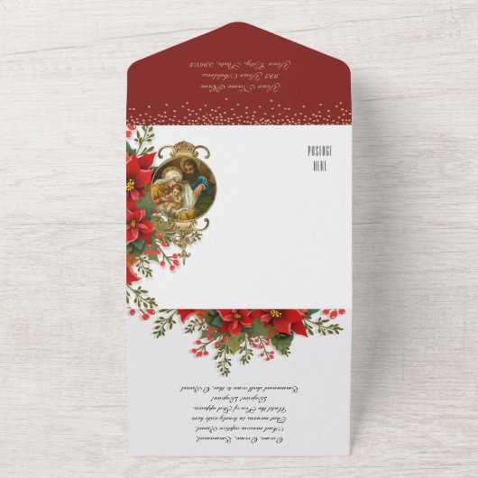 クリスマス宗教写真イエス・メアリー・ジョセフ一家 オールインワン招待状 (外側)