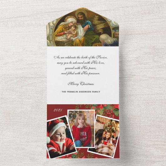 クリスマス宗教写真イエス・メアリー・ジョセフ一家 オールインワン招待状 (内側)