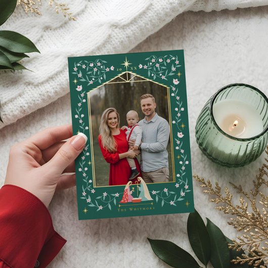 クリスマス宗教的出生シーン家族の写真 箔シーズンカード