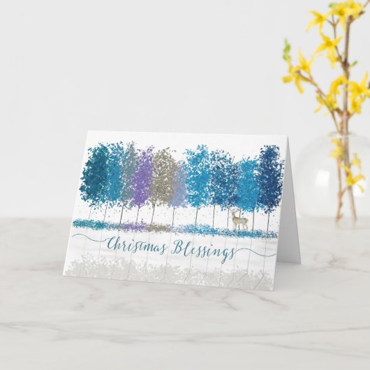 クリスマス宗教的恵みブルーツリーアンドディアー カード (黄色い花)