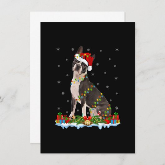 クリスマス家族お揃いのサンタ帽ボストンテリア犬 招待状 (正面/裏面)