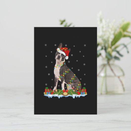クリスマス家族お揃いのサンタ帽ボストンテリア犬 招待状 (スタンド正面)