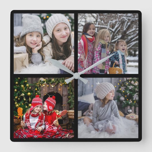 クリスマス家族の写真コラージュを作成する スクエア壁時計 (正面)