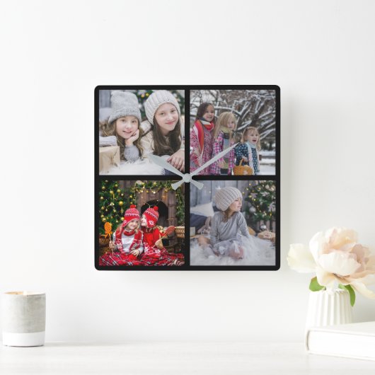 クリスマス家族の写真コラージュを作成する スクエア壁時計 (ホーム)