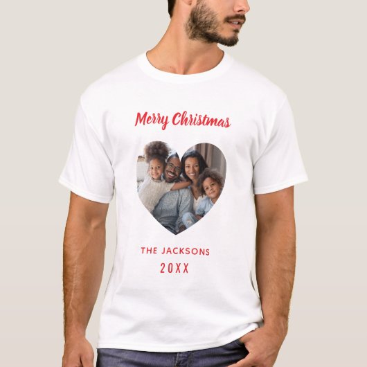 クリスマス家族の写真ハート家族の名前 Tシャツ (正面)