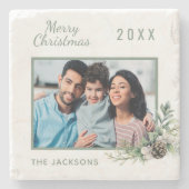 クリスマス家族の写真ホワイトコーンパインの名前 ストーンコースター (正面)