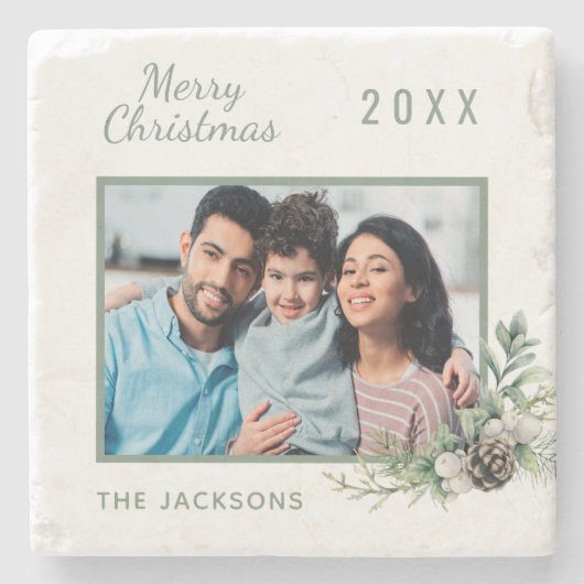 クリスマス家族の写真ホワイトコーンパインの名前 ストーンコースター (正面)
