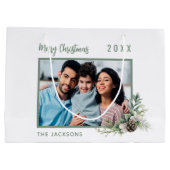 クリスマス家族の写真ホワイトコーンパインの名前 ラージペーパーバッグ (裏面)