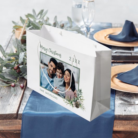 クリスマス家族の写真ホワイトコーンパインの名前 ラージペーパーバッグ