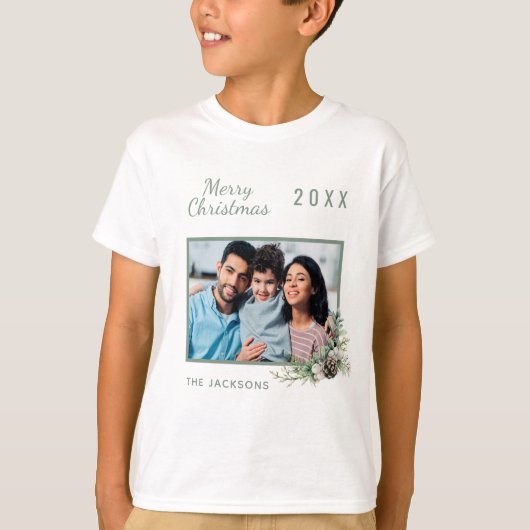 クリスマス家族の写真ホワイトコーン松の名前の男の子 Tシャツ (正面)