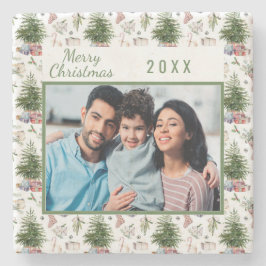 クリスマス家族の写真ヴィンテージパターン ストーンコースター