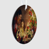 クリスマス家族の写真金ゴールドスクリプト オーナメント (正面)