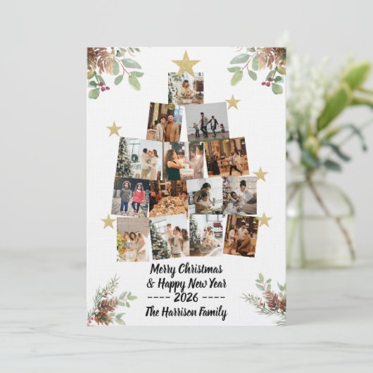 クリスマス家族ツリー写真カードコラージュ 招待状 (スタンド正面)