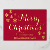 クリスマス家族写真カード、雪の結晶、赤 箔シーズンカード (正面)