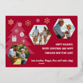 クリスマス家族写真カード、雪の結晶、赤 箔シーズンカード (裏面)