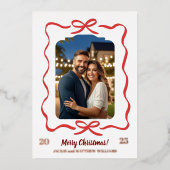 クリスマス家族写真リボン1点 箔シーズンカード (正面)