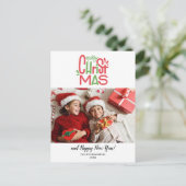 クリスマス家族写真 フェスティブ タイポグラフィ ポストカード (スタンド正面)