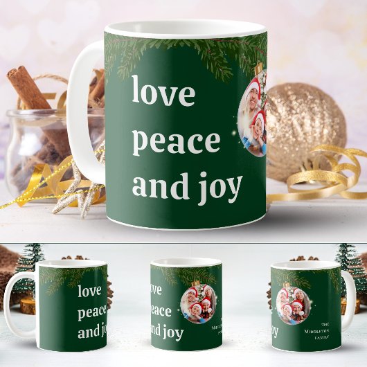 クリスマス家族写真 モリスの緑 Love Peace Joy コーヒーマグカップ