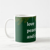 クリスマス家族写真 モリスの緑 Love Peace Joy コーヒーマグカップ (左)