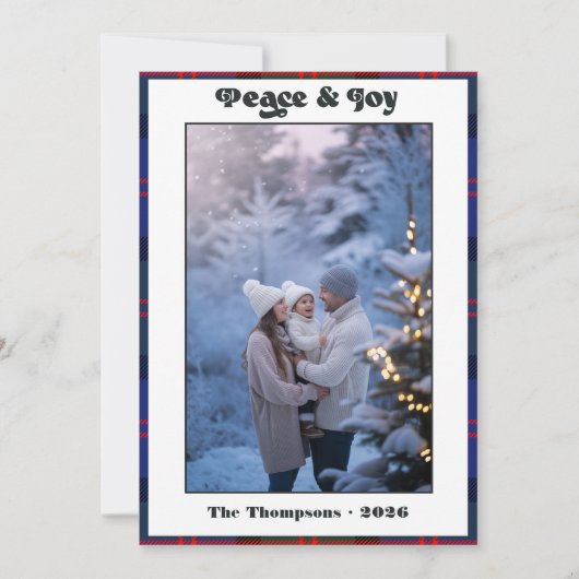 クリスマス家族写真　平和と喜びのギンガムとチェック柄 シーズンカード (正面)