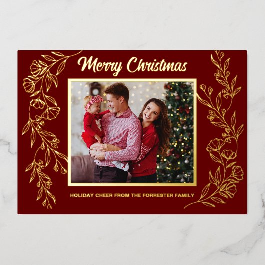 クリスマス家族3人 フォト 葉のアート 箔シーズンカード (正面)