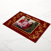 クリスマス家族3人 フォト 葉のアート 箔シーズンカード (回転した状態)